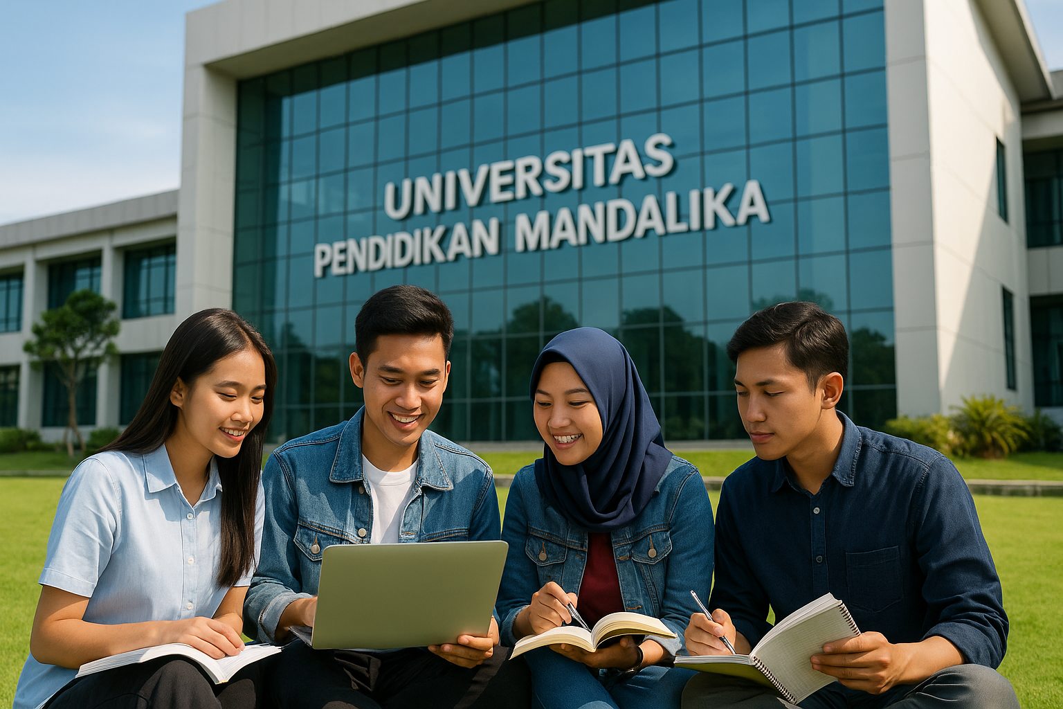 Mahasiswa UNDIKMA sedang belajar di area kampus modern Mandalika.
